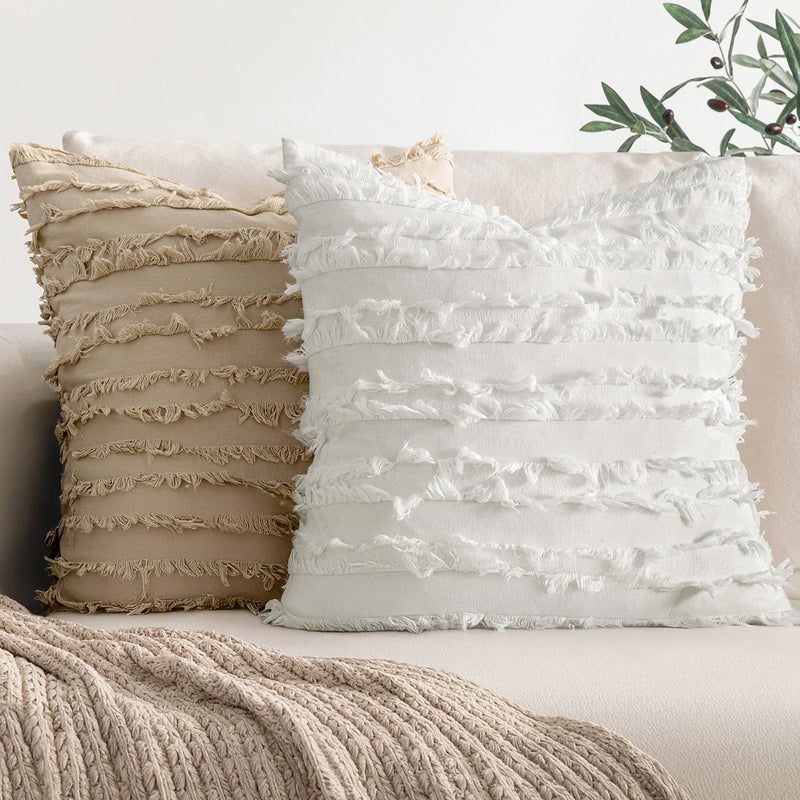 MIULEE Set of 2 Decorative Boho Throw Pillow Covers Spring Linen Striped Jacquard Pattern Cushion Covers for Sofa Couch Living Room Bedroom 16x16 Inch White - Image 5